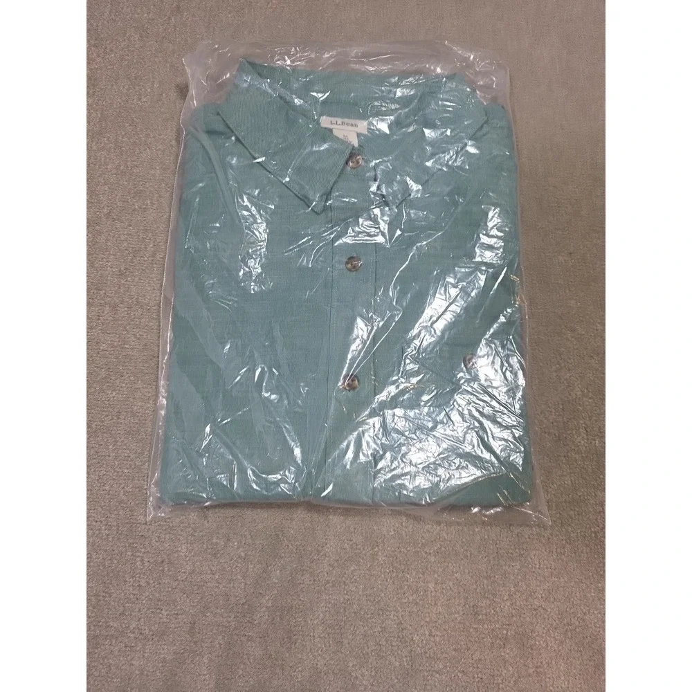 LL Bean Mens M Reg Green Cotton Stretch Button Up Shirt Long Sleeve New In Bag